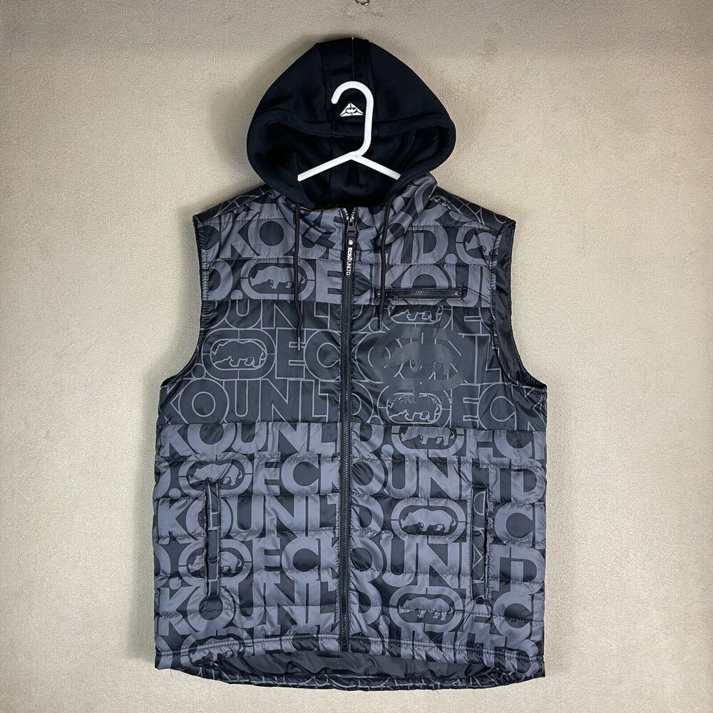 Ecko Unltd Vest Men Large Black Gray Quilted Full Zip Preppy Casual Logo Adult